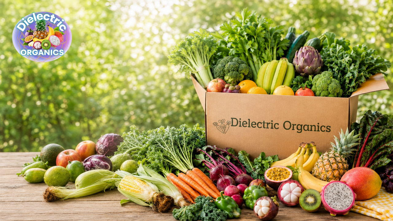 A Dielectric Organics box overflowing with fresh organic fruit and vegetables