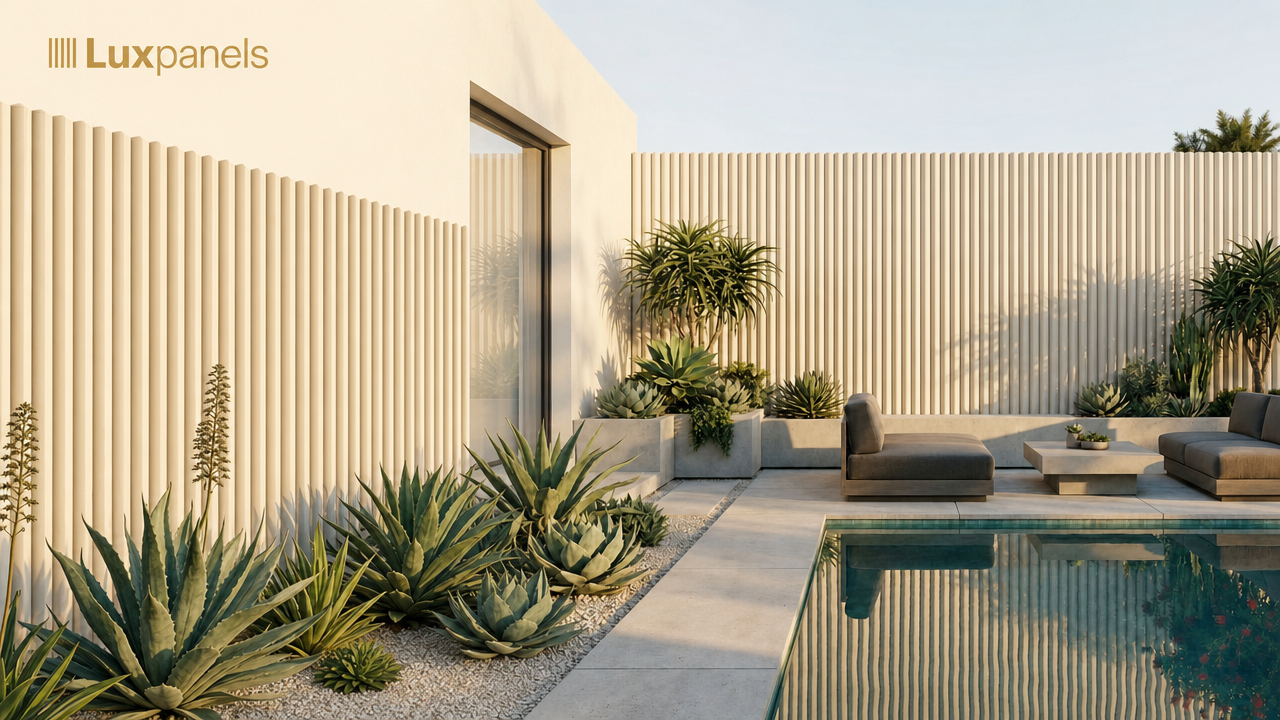 Luxpanels fluted outdoor panels around a garden pool and lounge