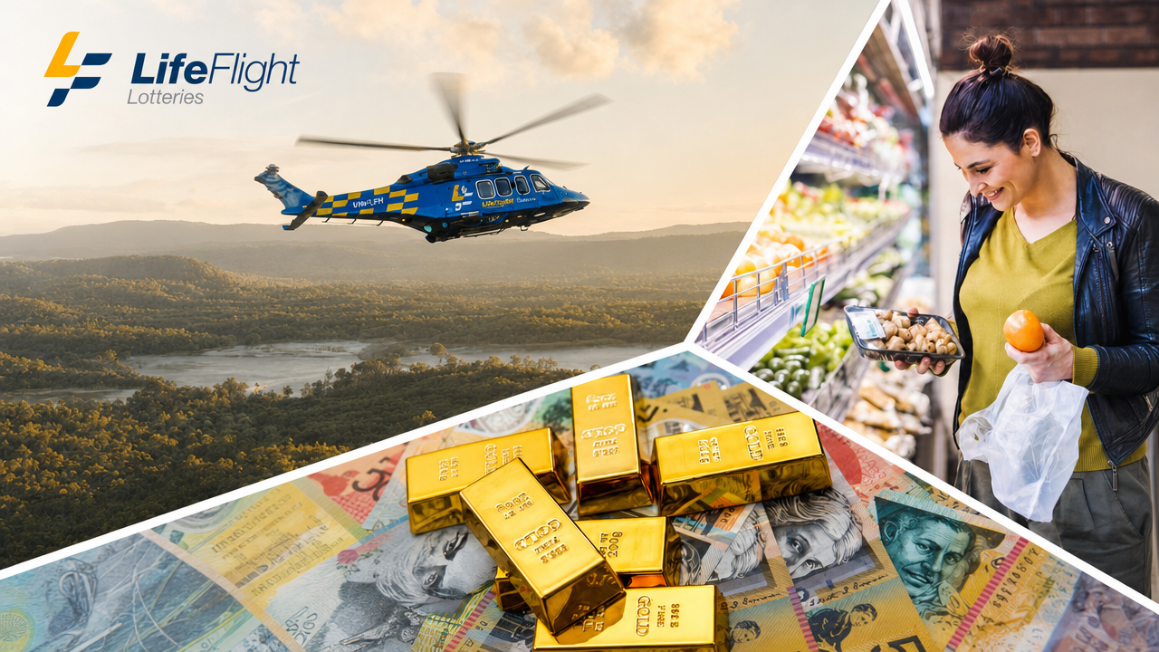 LifeFlight's rescue helicopter over the hills, with the prize gold and a shopper at the market