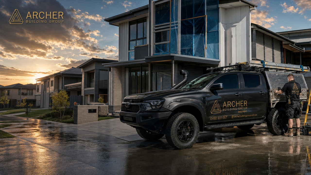 Archer Building Group's ute outside a new build at sunset