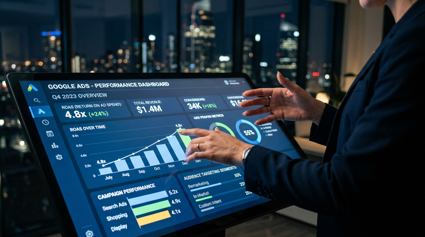 Marketing professional reviewing Google Ads performance dashboard with rising ROAS and campaign metrics on a touchscreen display