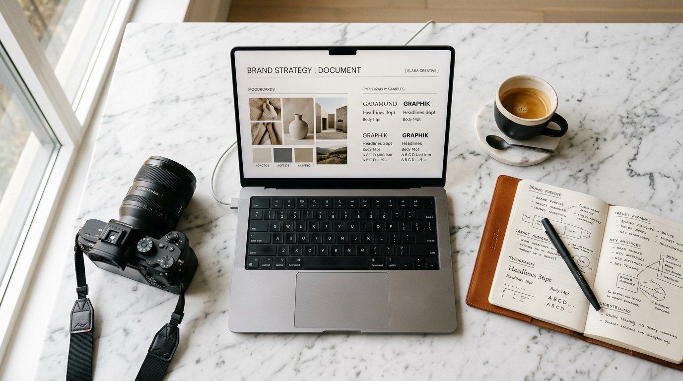 Premium brand strategy flat lay with MacBook, Sony camera, leather notebook and espresso on marble surface