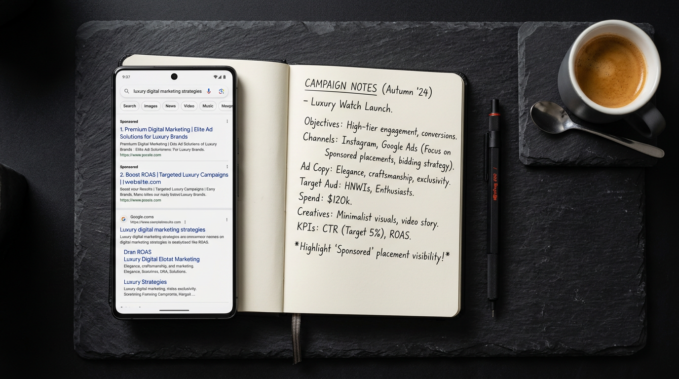 Flat lay of smartphone showing Google search results with ads, notebook and coffee representing Google Ads strategy planning