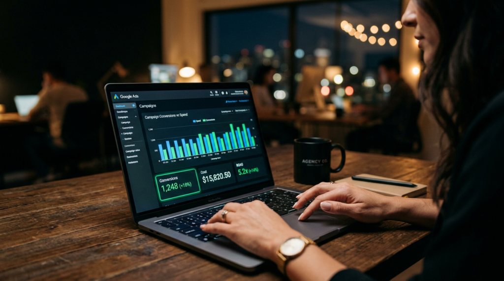 Marketing professional managing Google Ads campaigns on a MacBook Pro with performance metrics on screen