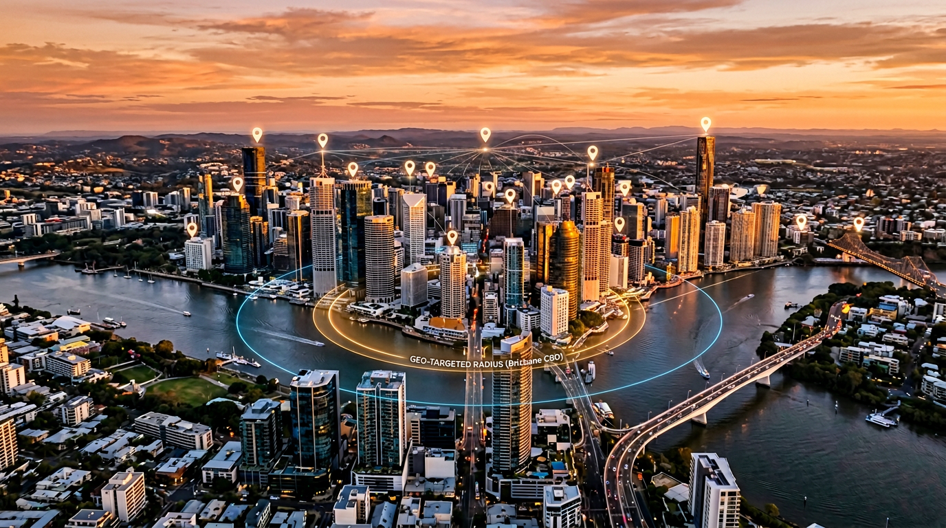 Aerial view of Australian city skyline with digital advertising geo-targeting overlay representing Google Ads for local businesses