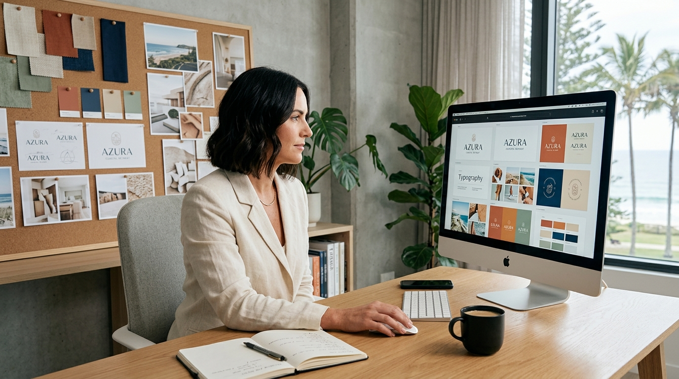 Creative director reviewing brand identity designs on iMac in a modern studio