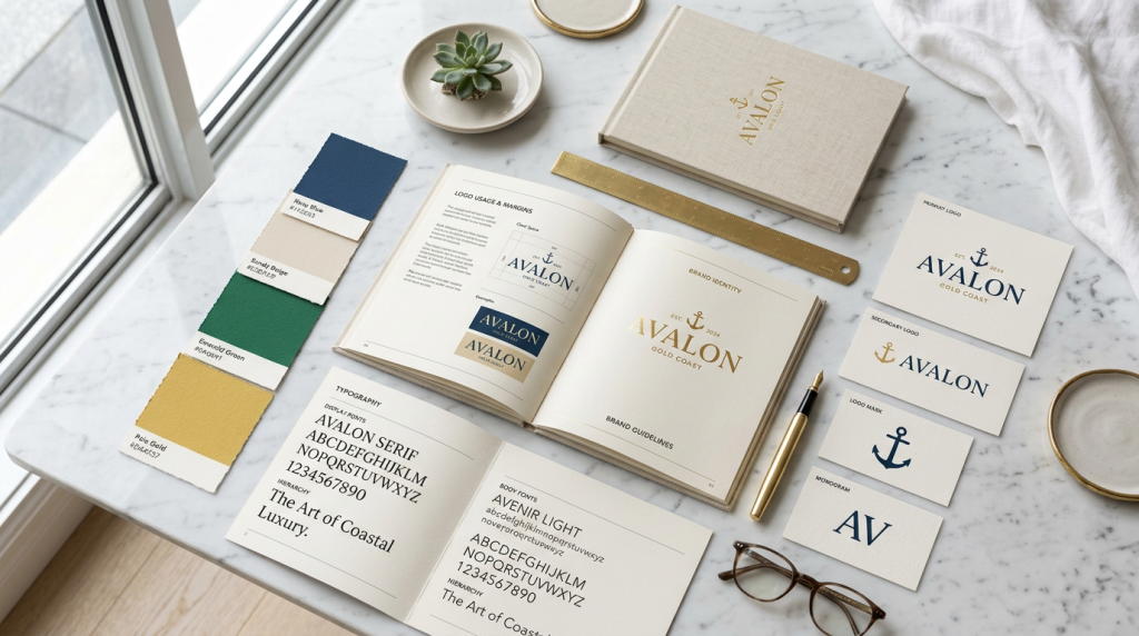 Brand style guide flat lay with colour swatches, typography and logo samples on white marble