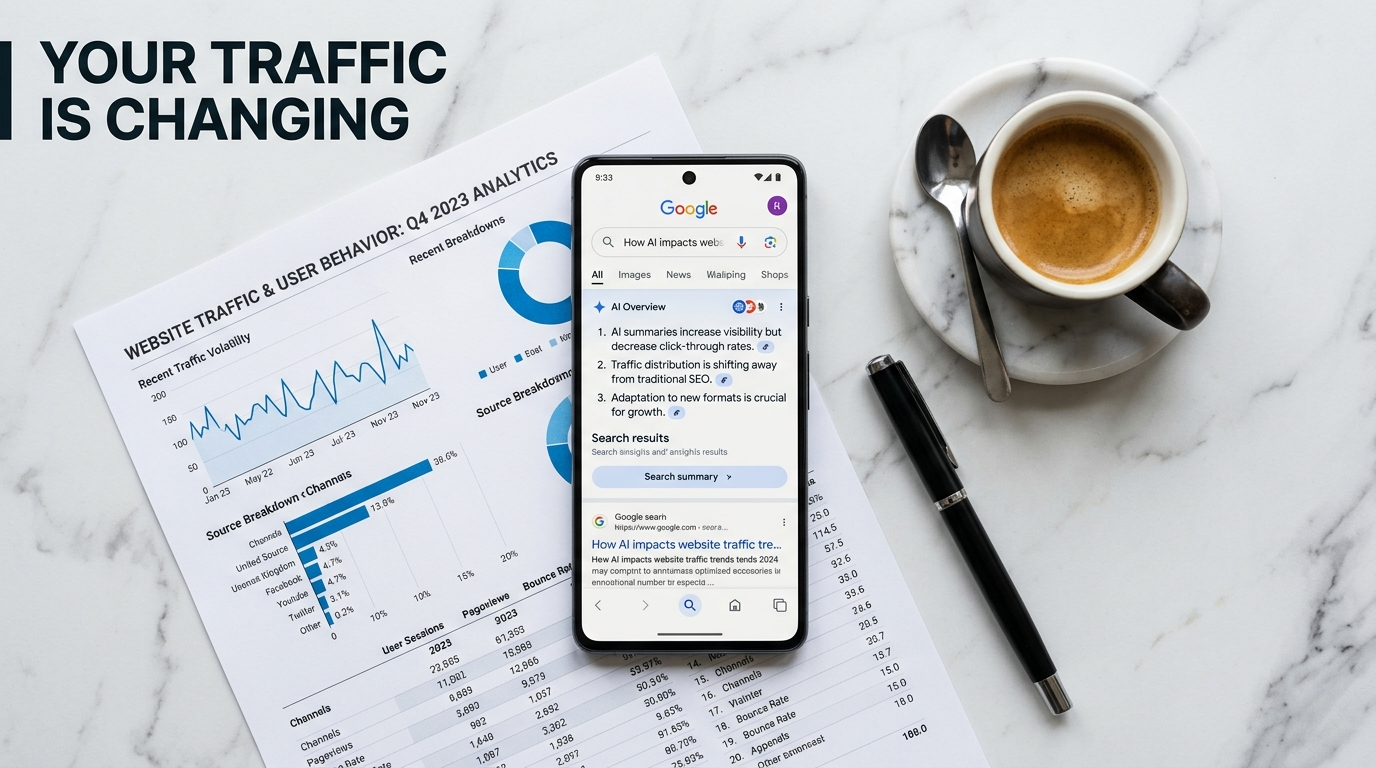Smartphone showing Google AI search results with analytics report and coffee flat lay
