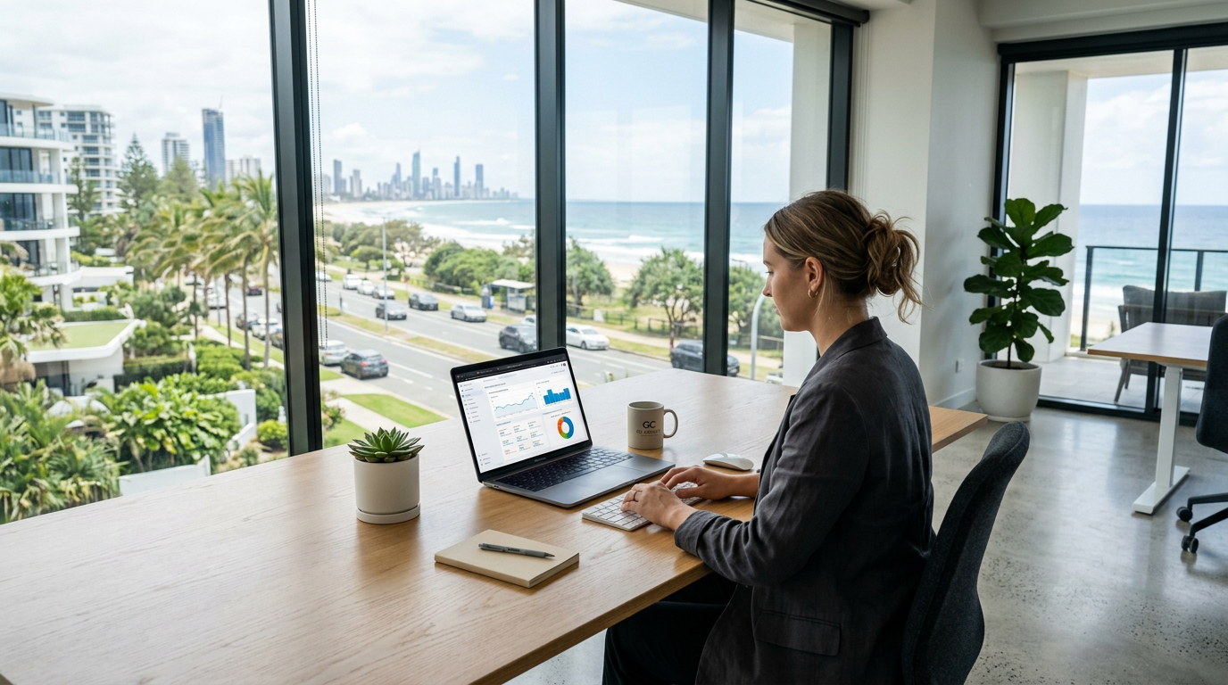 Premium digital marketing agency workspace with analytics on screen and coastal views