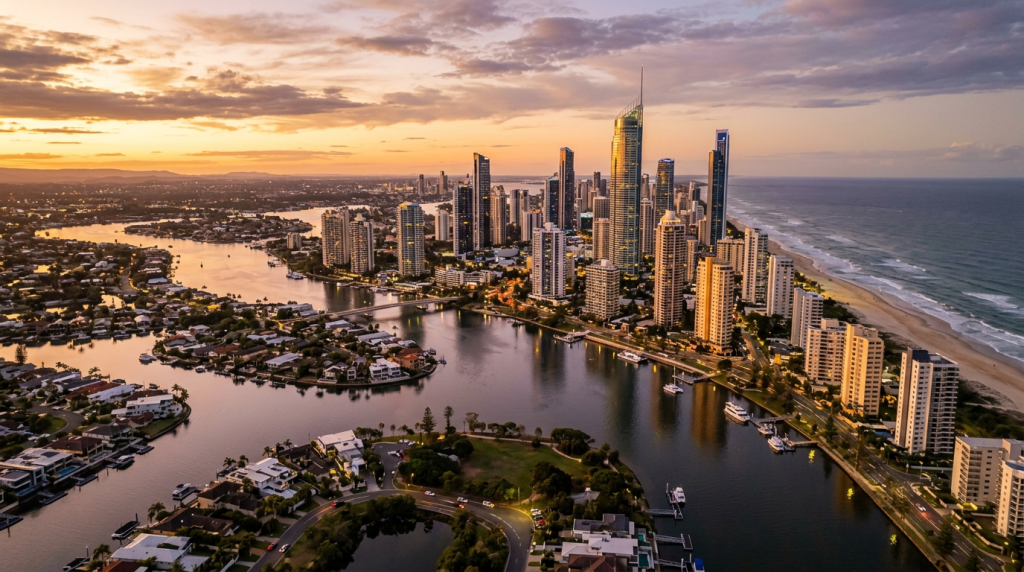 Aerial view of the Gold Coast skyline at golden hour with canal reflections