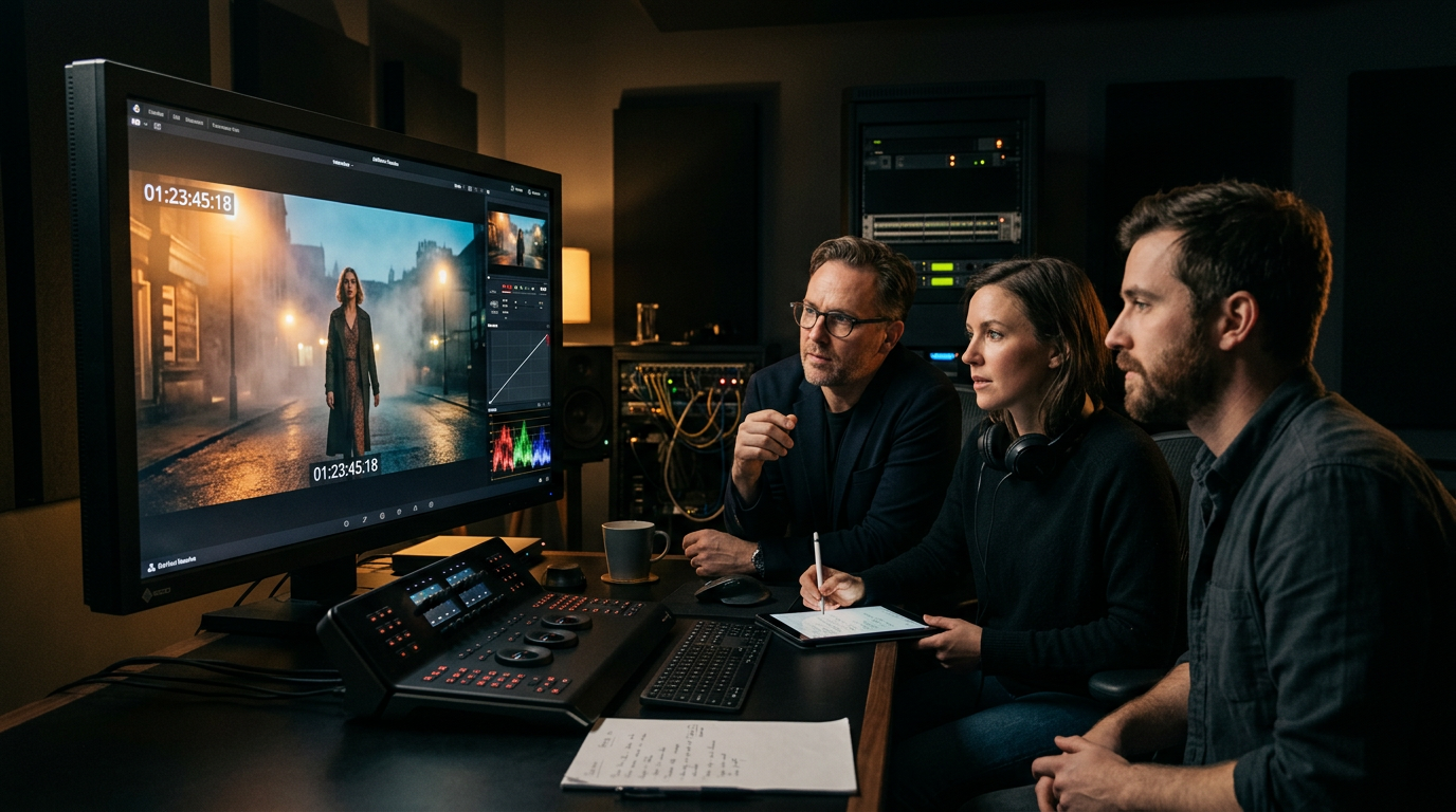Video production team reviewing colour-graded footage on monitor in a professional post-production suite