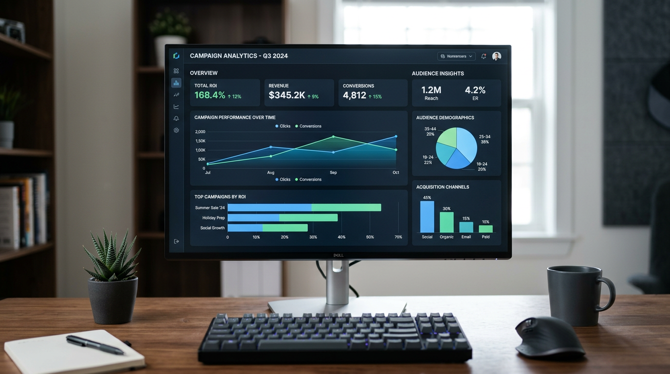 Digital marketing performance dashboard showing campaign ROI metrics and analytics data