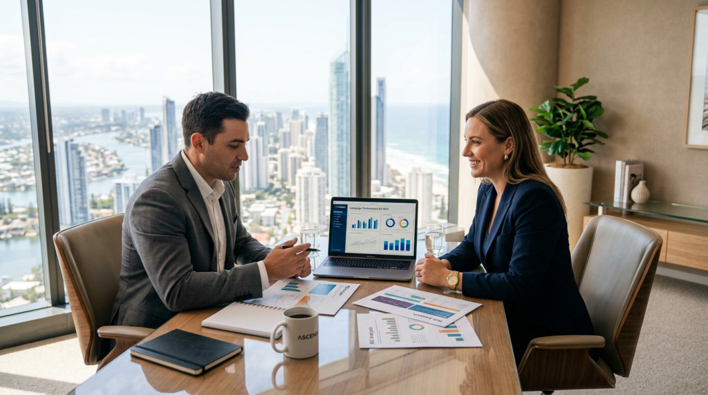 Business owner meeting with a digital marketing strategist in a modern Gold Coast office