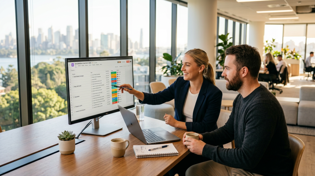 Marketing team reviewing a content calendar in a modern Australian office