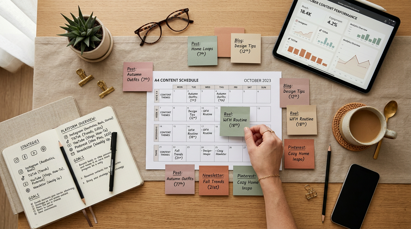 Content planning flat lay with schedule, analytics tablet, and platform notes