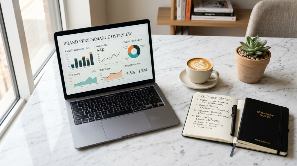Premium brand social media strategy planning on a marble desk with MacBook and handwritten notes