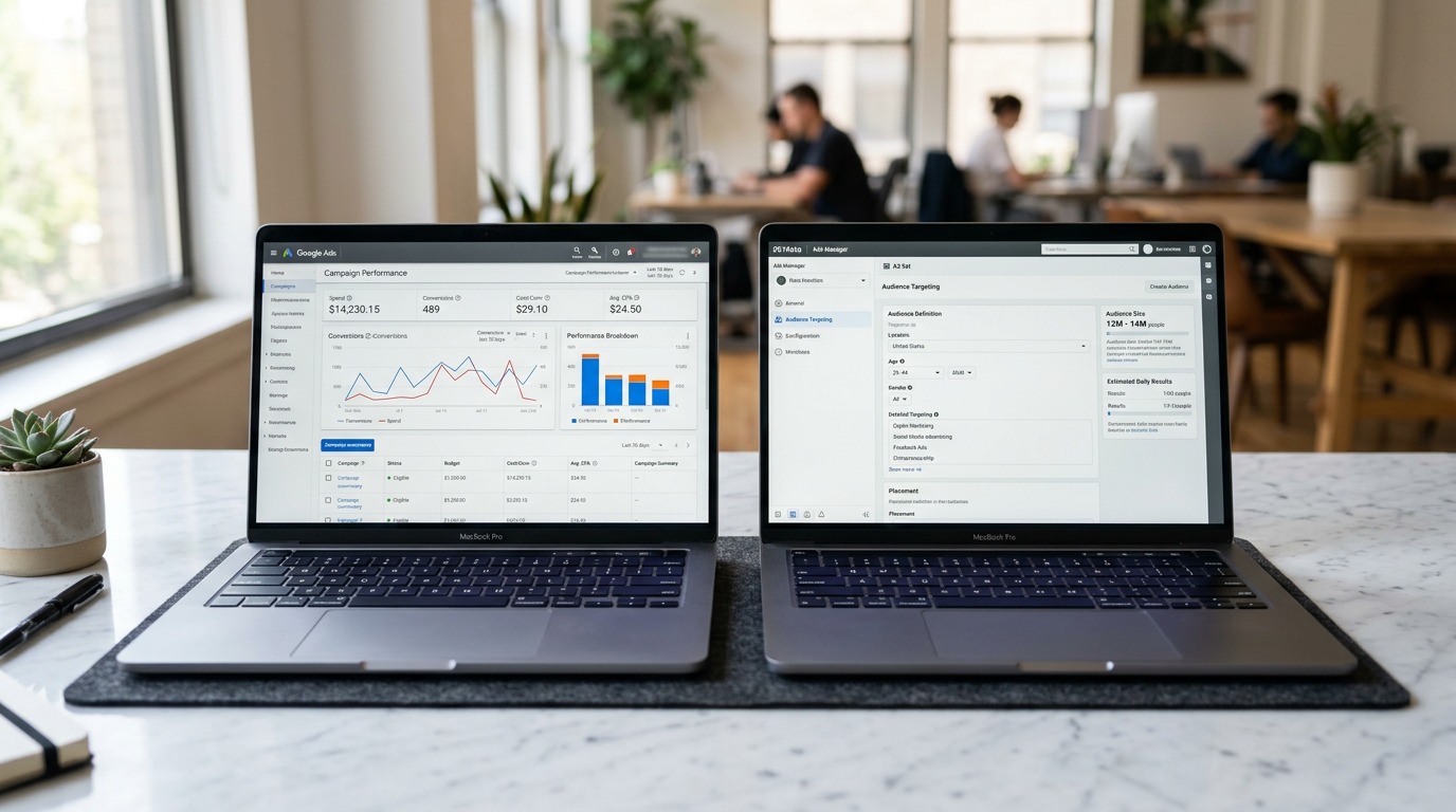 Google Ads and Meta Ads Manager dashboards open side by side on laptops in a premium agency workspace