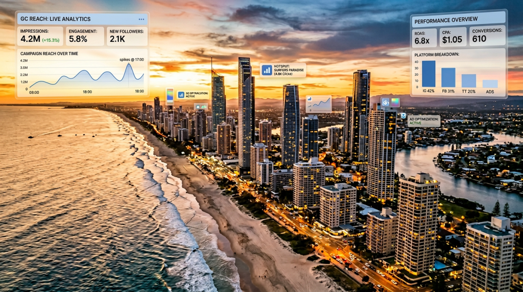 Gold Coast skyline at golden hour with digital marketing analytics overlay, Google Ads and Meta Ads strategy