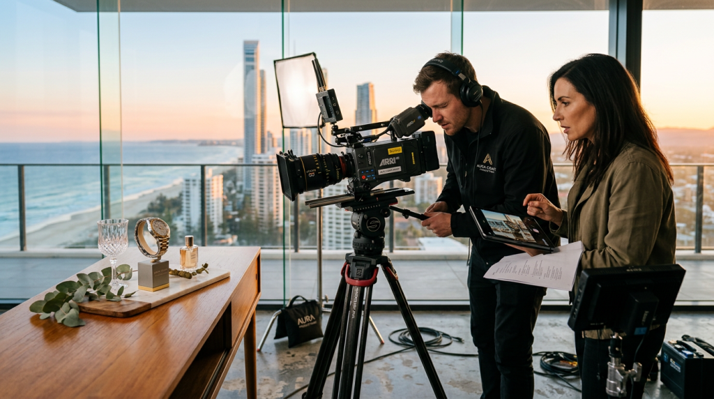 Gold Coast video production team filming a premium brand video in a professional studio setting