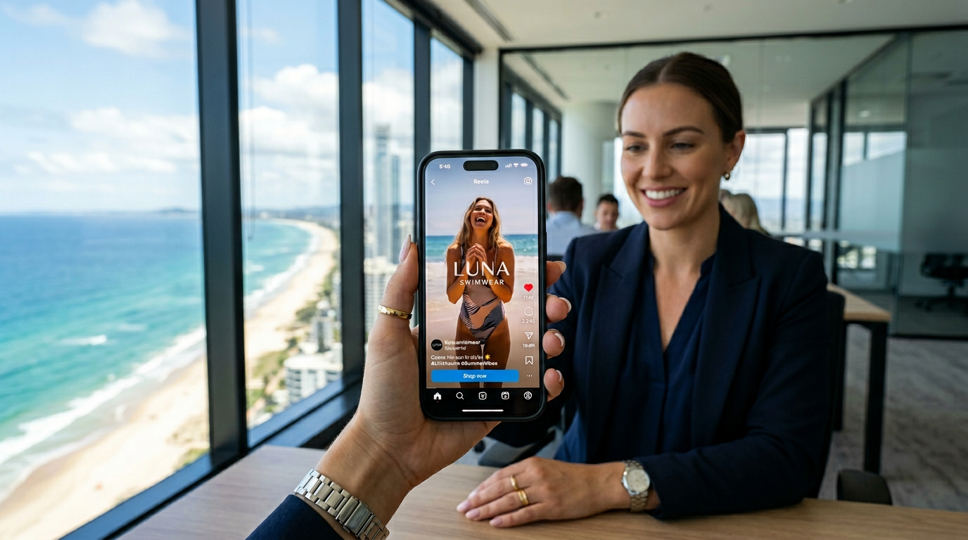 Social media video ad performance metrics on a smartphone screen in a modern Gold Coast office