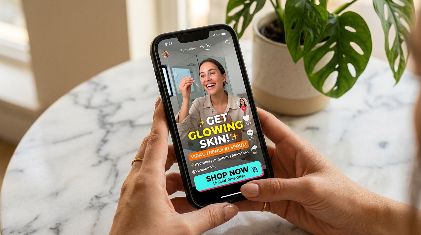 Smartphone displaying a TikTok video ad with strong call-to-action overlay text
