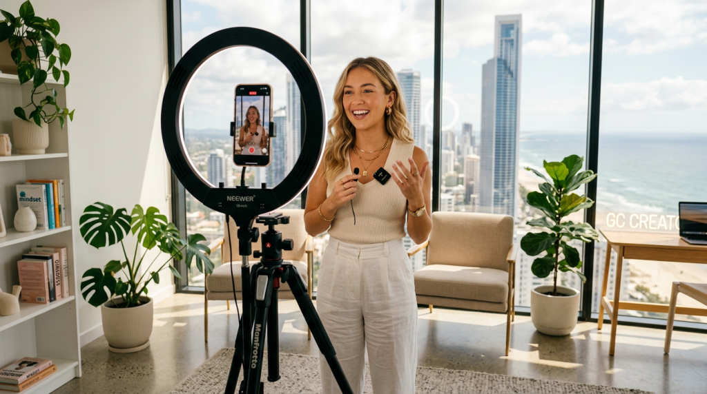 Gold Coast business owner filming a TikTok video ad in a professional studio setting