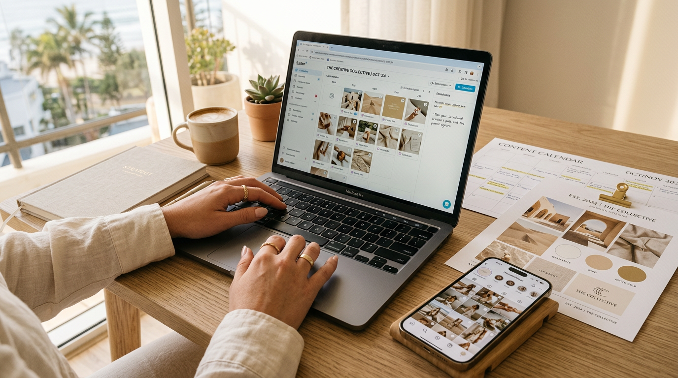 Creative professional planning a social media content strategy with content calendar and mood boards in a Gold Coast studio
