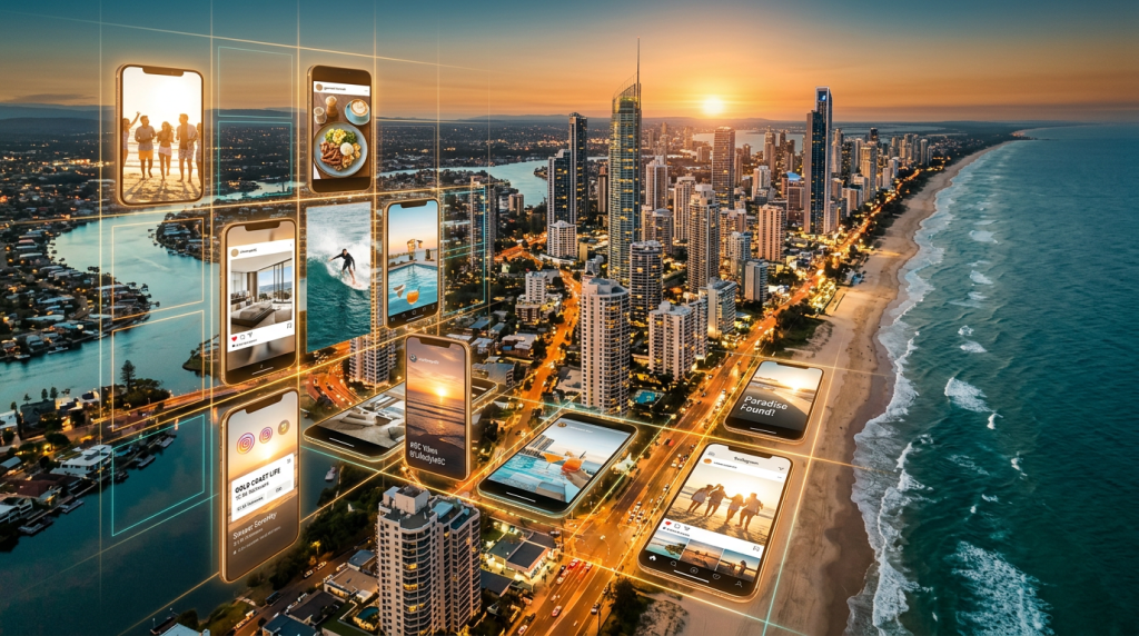 Gold Coast skyline with social media content strategy overlay, golden hour lighting
