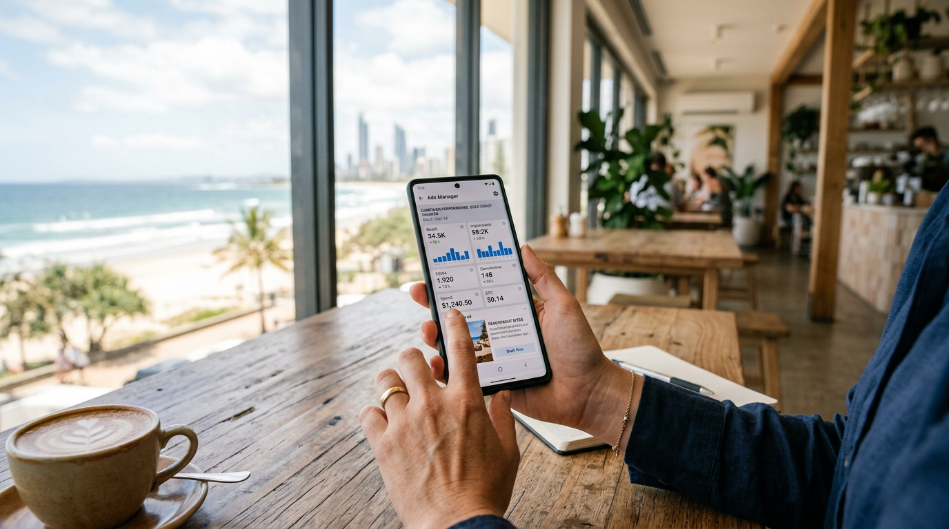 Gold Coast small business owner reviewing Meta Ads campaign performance on a smartphone at a beachside cafe