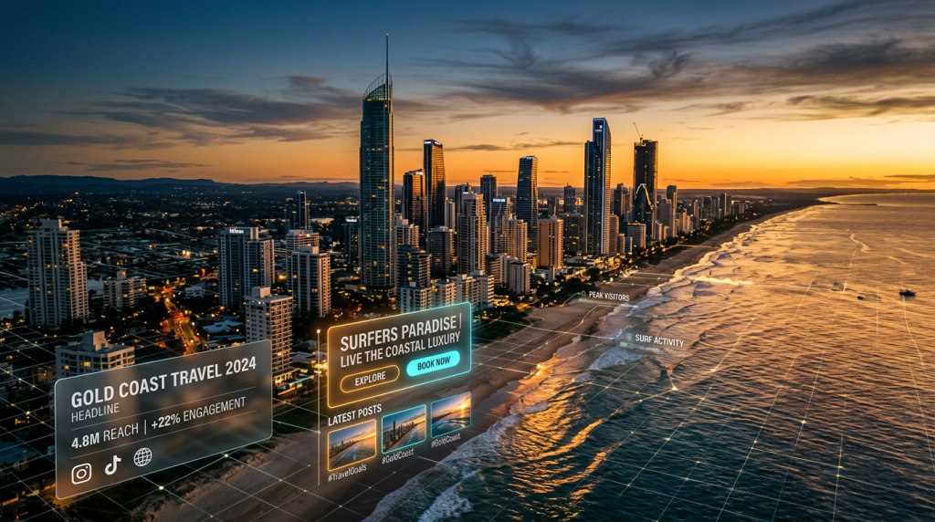 Gold Coast skyline at golden hour with digital advertising overlay representing Meta Ads for local businesses