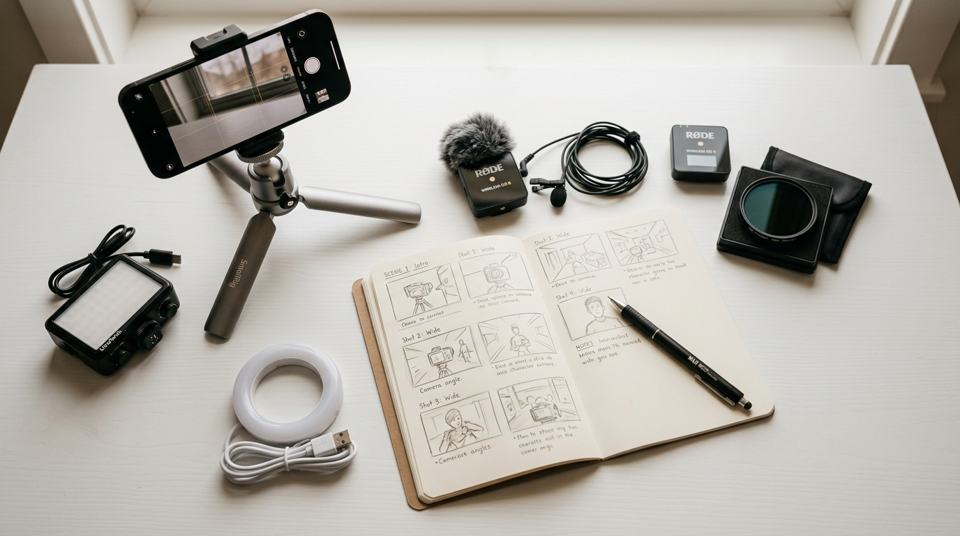 Budget-friendly video production equipment including smartphone tripod, ring light, lavalier microphone and LED panel for small business social media videos
