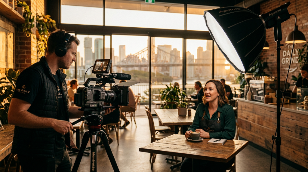Professional videographer filming a small business owner in a Brisbane cafe for social media video production