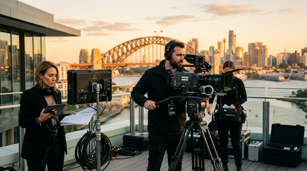Professional video production crew filming a brand video on a Sydney rooftop with city skyline at golden hour
