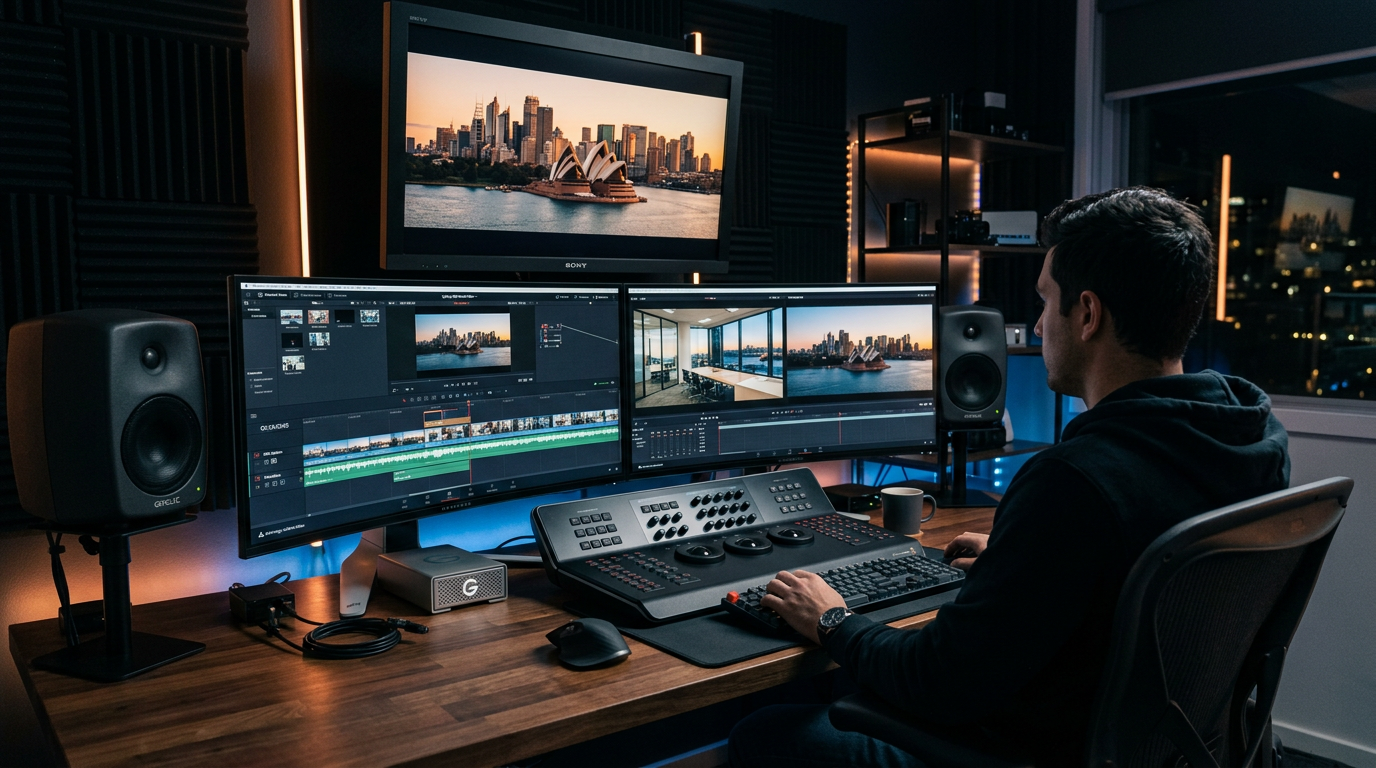 Professional video editor colour grading brand video footage in a modern Sydney post-production suite