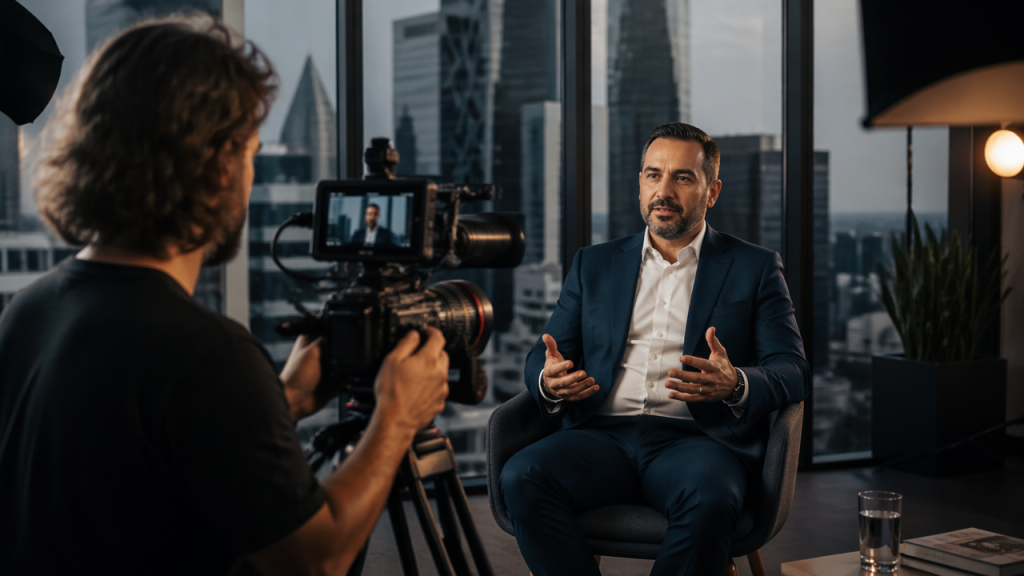 Professional video production shoot in a Melbourne CBD office with city skyline backdrop