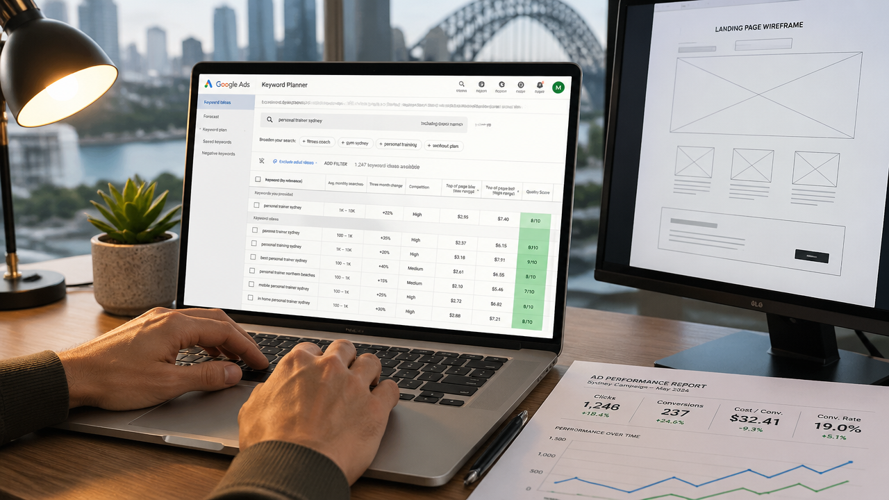 Digital marketer optimising Google Ads keywords and quality score for a Sydney small business campaign