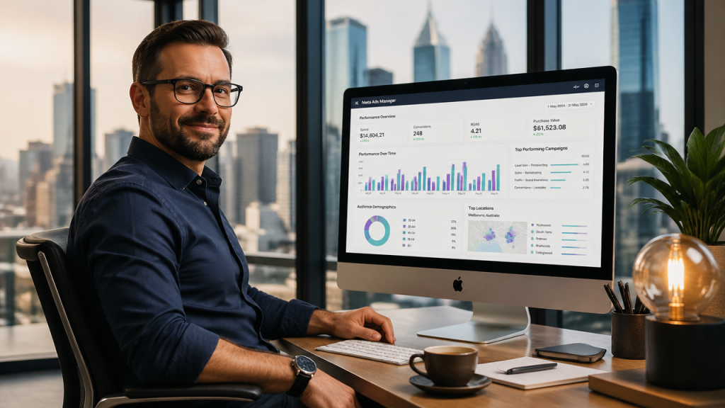 Melbourne small business owner reviewing Meta Ads campaign analytics on a desktop computer with Melbourne CBD skyline in background