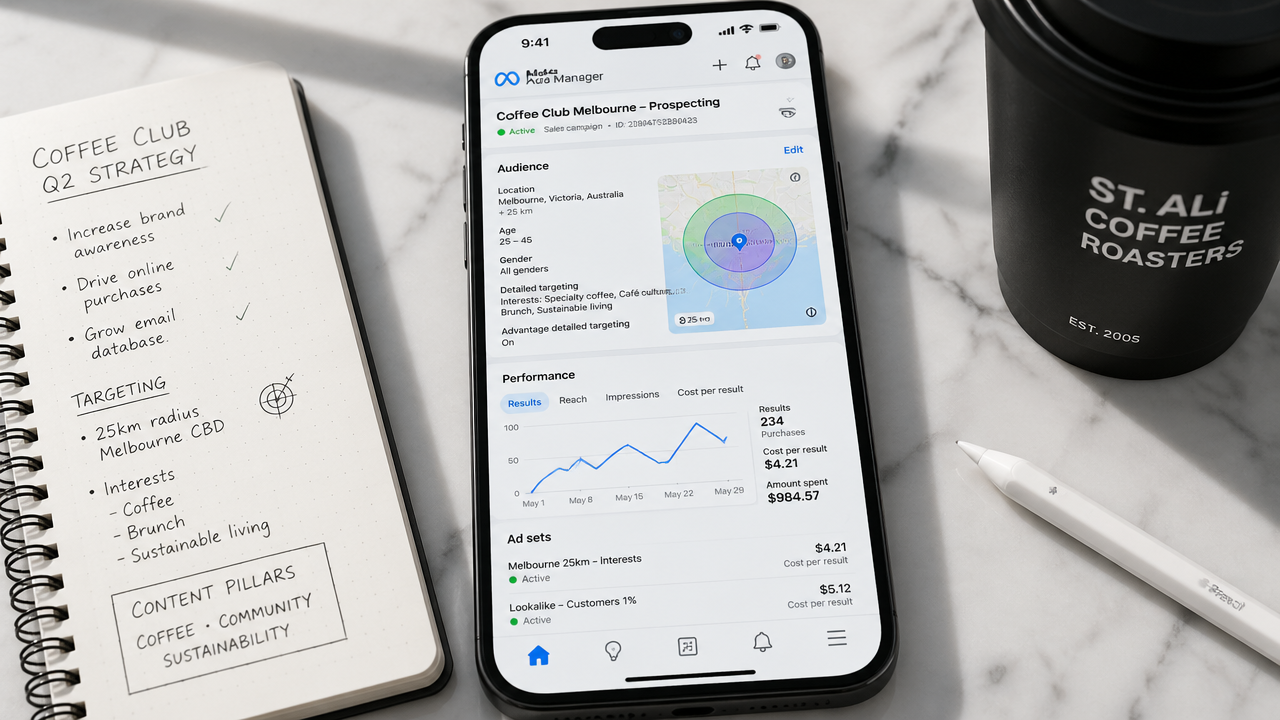 Smartphone showing Meta Ads Manager audience targeting interface on a marble desk with marketing strategy notes