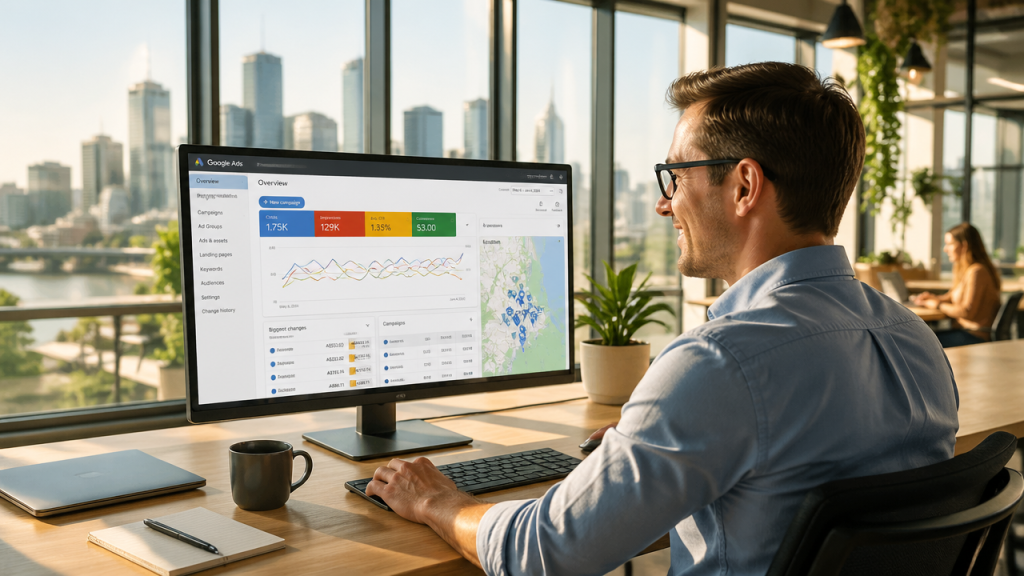 Brisbane small business owner reviewing Google Ads performance on a desktop computer with Brisbane city skyline in the background