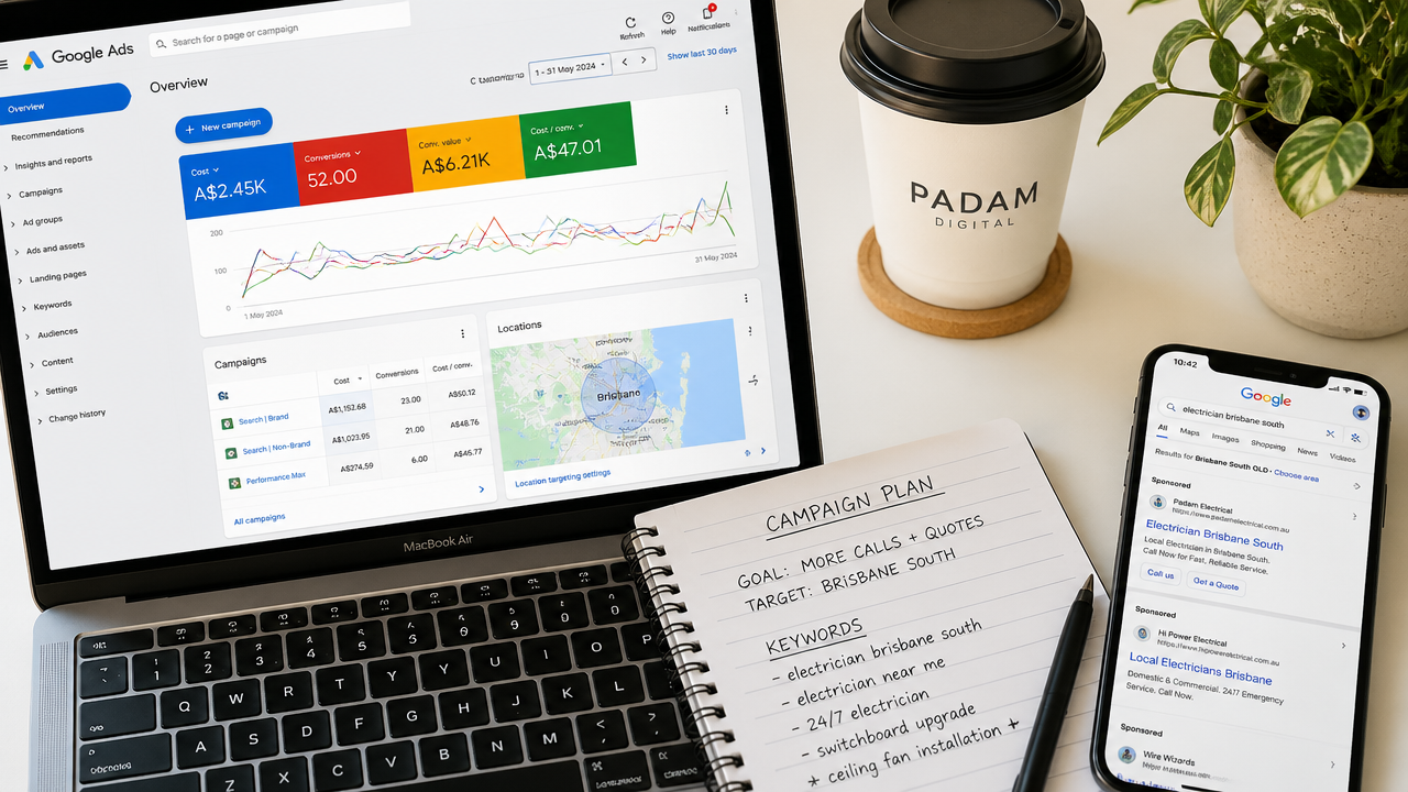 Google Ads dashboard showing Brisbane local campaign metrics with keyword notes and strategy materials on a desk