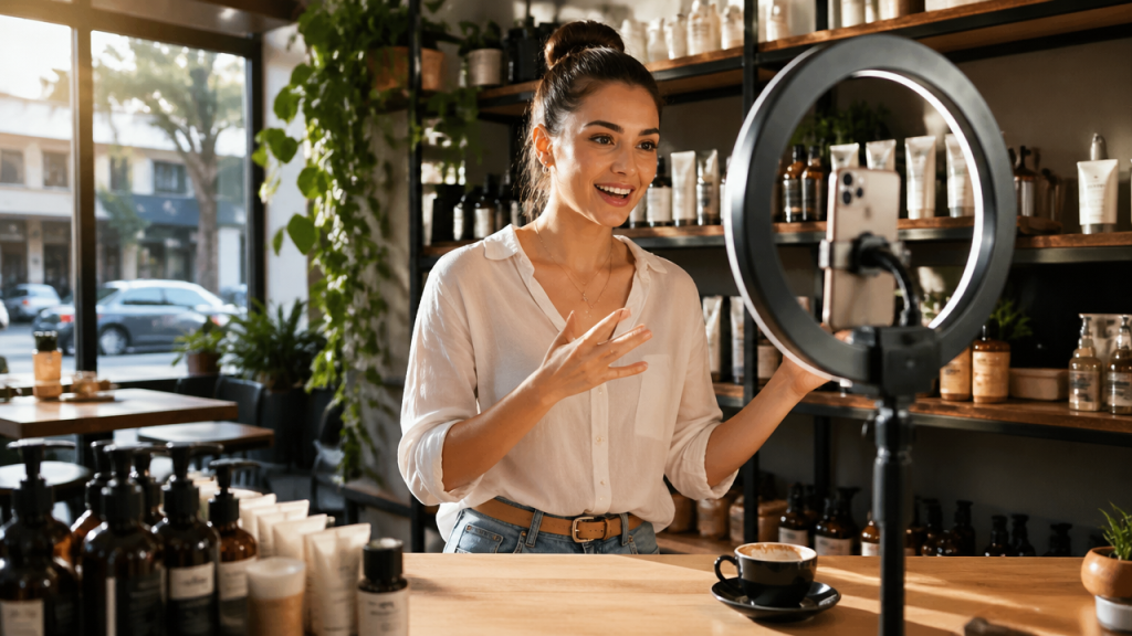 Australian small business owner filming a TikTok video on smartphone in a modern café, natural light, authentic content creation