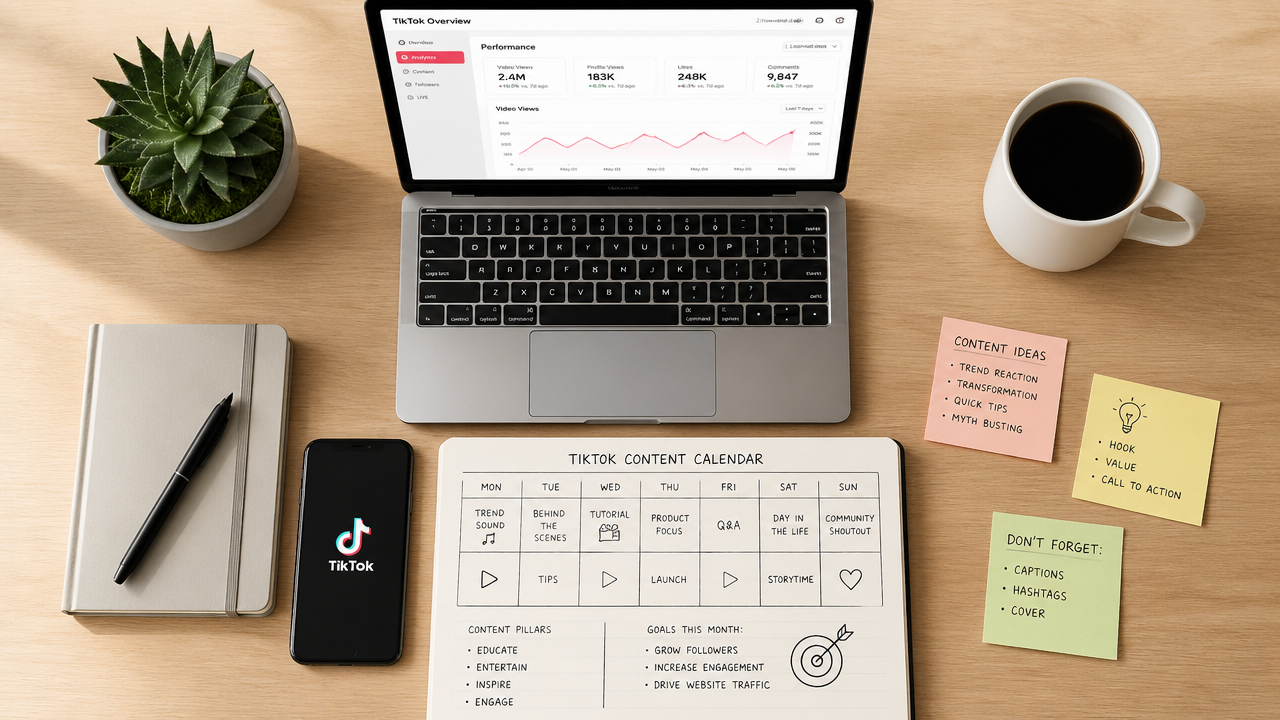 TikTok content strategy planning session with analytics dashboard, content calendar notebook, and smartphone on a modern desk