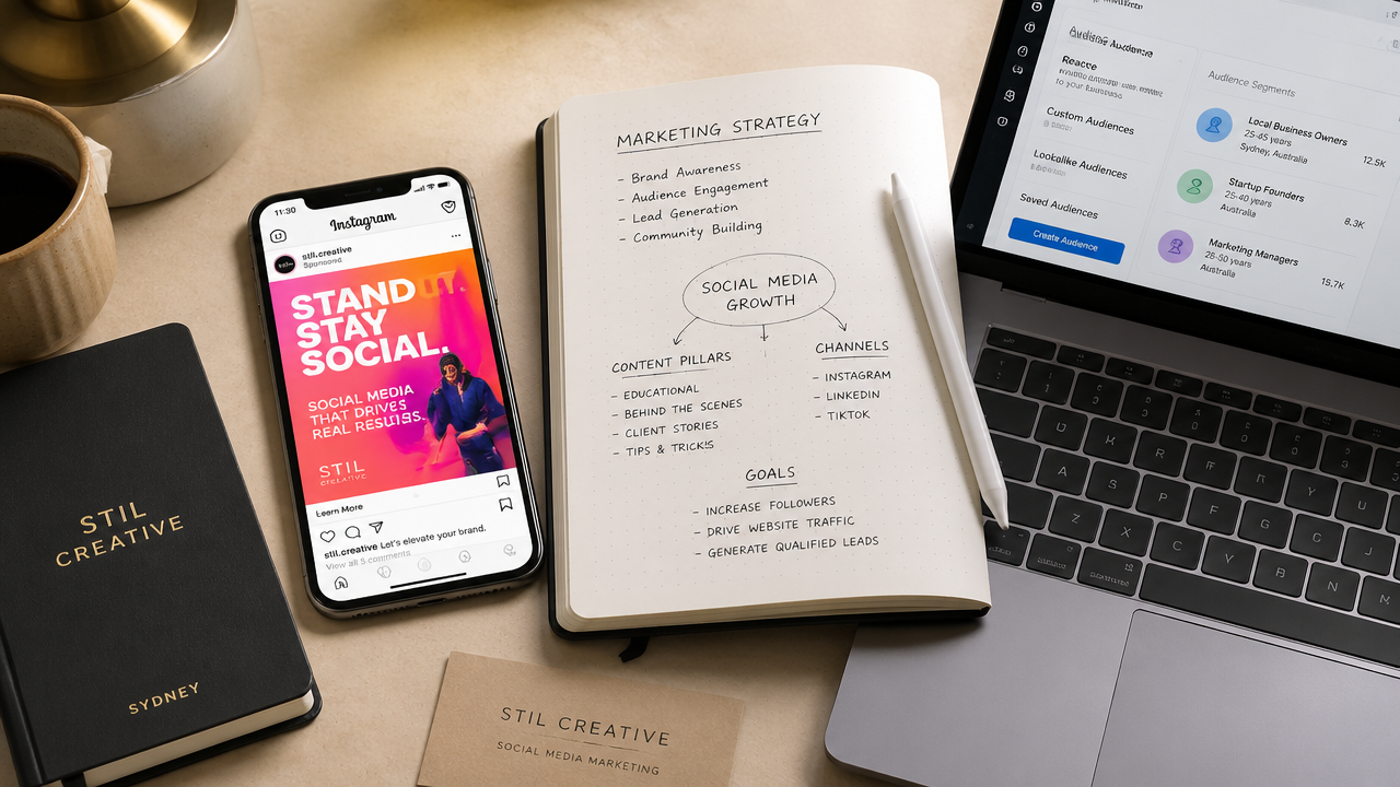 Smartphone showing Instagram Meta ad creative next to marketing strategy notes and laptop with audience targeting segments