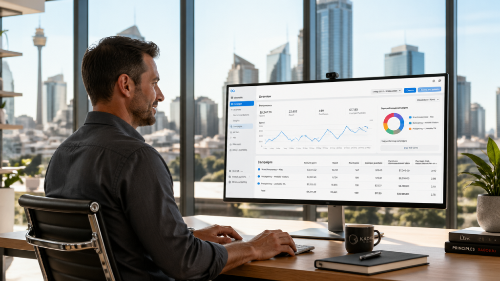 Sydney small business owner reviewing Meta Ads performance dashboard with Sydney CBD skyline in background