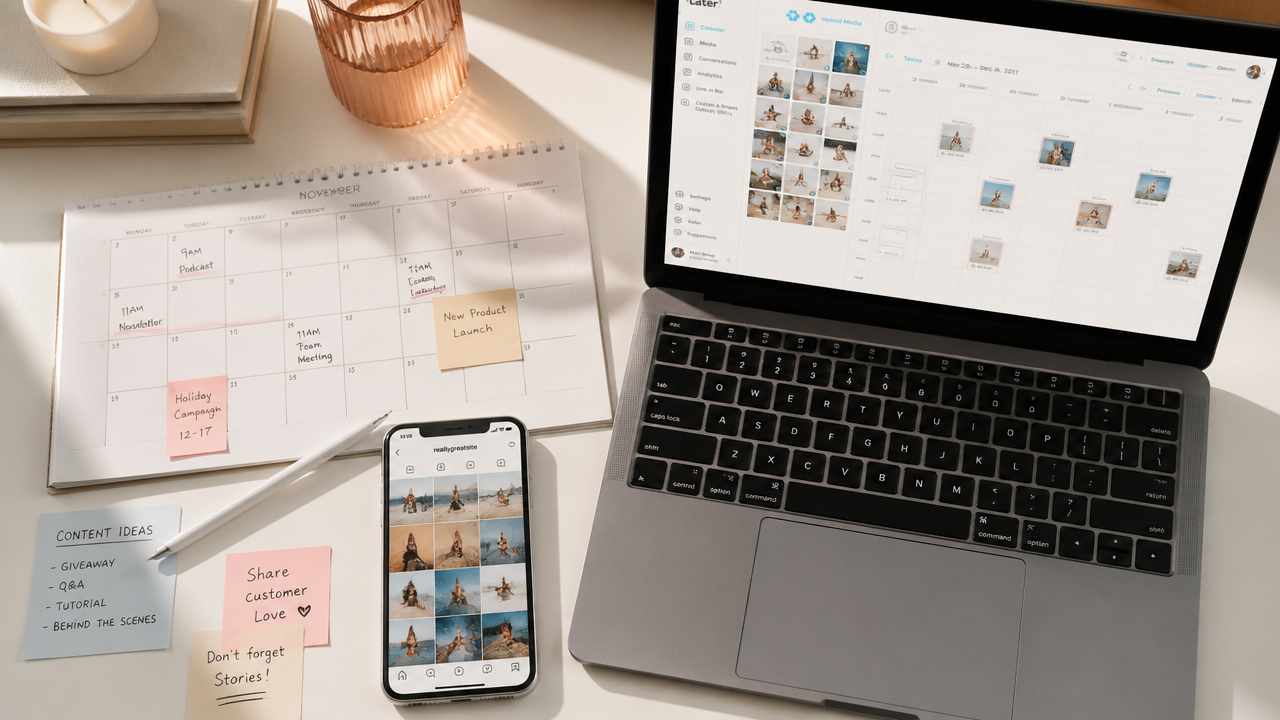 Social media content planning flat lay with smartphone Instagram feed, content calendar and scheduling dashboard on white desk