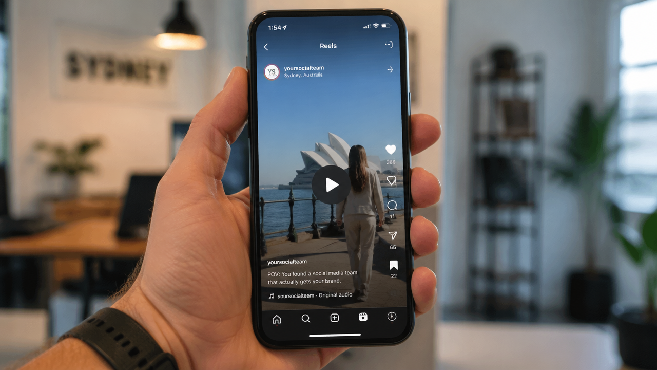 Smartphone displaying Instagram Reels engagement metrics for a small business account