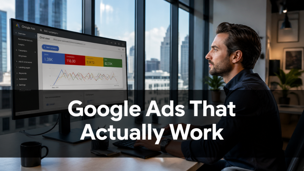 Small business owner reviewing Google Ads campaign performance on a monitor in a modern Australian office setting