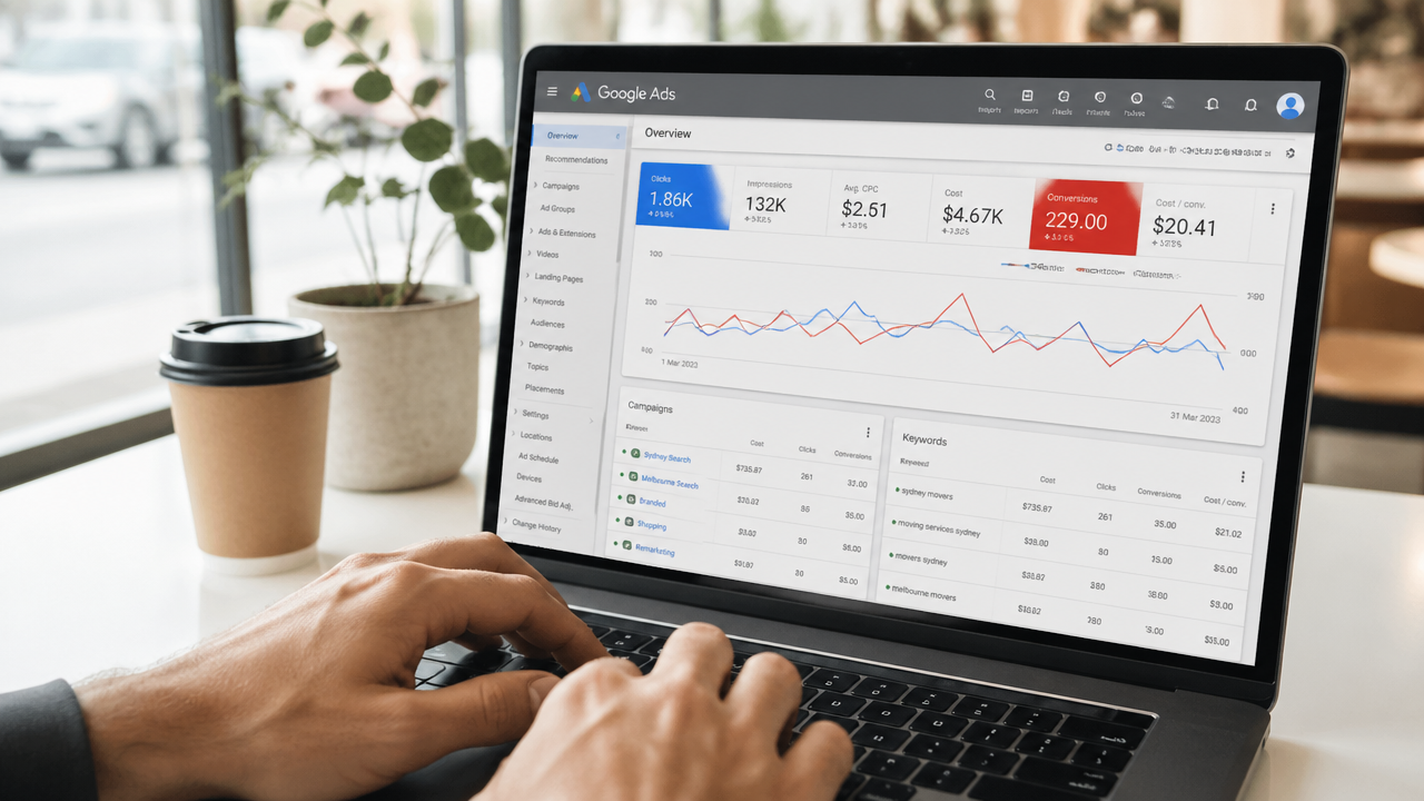 Hands typing on a laptop showing a Google Ads dashboard with keyword metrics and conversion data