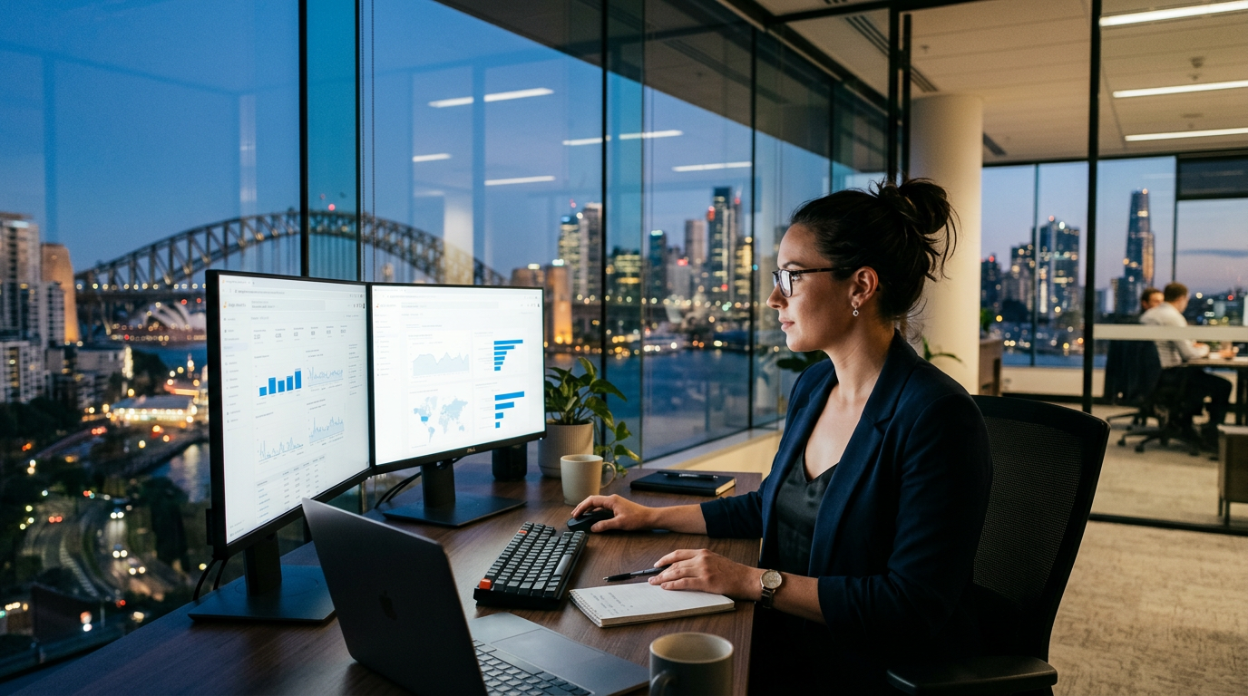 Marketing professional reviewing digital analytics on dual monitors in a modern Sydney office at dusk