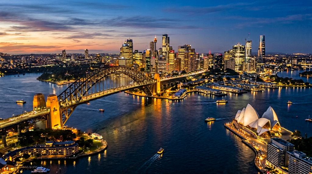 Aerial twilight view of Sydney CBD skyline with Harbour Bridge and Opera House illuminated at dusk